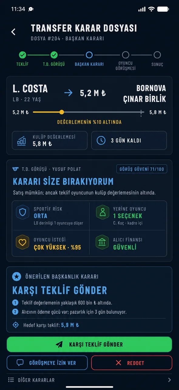 Super Football Chairman karar dosyası ekranı